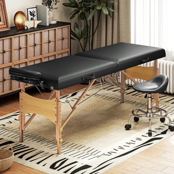 Mobiele massagetafel 2 zones opvouwbaar massagetafel hoogteverstelbaar massagebank 70 cm breed met hoofdsteun, houten voeten massagebed schoonheidssalon zwart 2