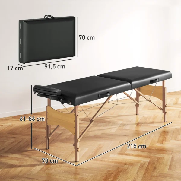 Mobiele massagetafel 2 zones opvouwbaar massagetafel hoogteverstelbaar massagebank 70 cm breed met hoofdsteun, houten voeten massagebed schoonheidssalon zwart 4