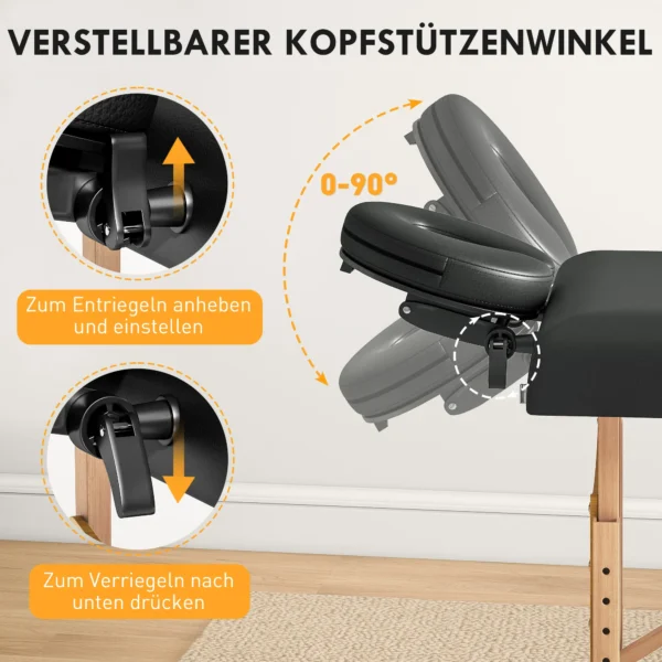 Mobiele massagetafel 2 zones opvouwbaar massagetafel hoogteverstelbaar massagebank 70 cm breed met hoofdsteun, houten voeten massagebed schoonheidssalon zwart 6