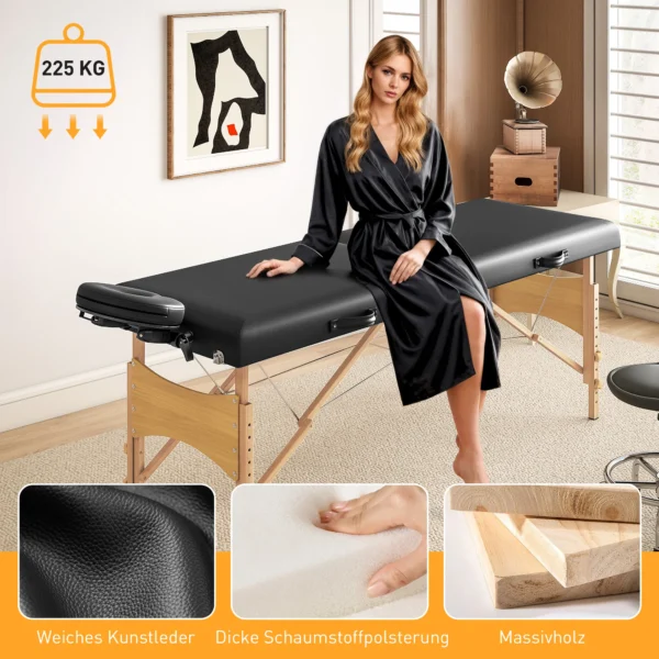 Mobiele massagetafel 2 zones opvouwbaar massagetafel hoogteverstelbaar massagebank 70 cm breed met hoofdsteun, houten voeten massagebed schoonheidssalon zwart 8