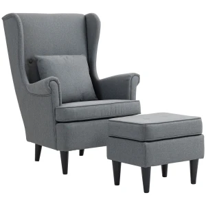 Oorfauteuil met voetenbank, fauteuil met linnenlook, lendenkussen, moderne loungestoel met armleuningen voor woonkamer grijs 1