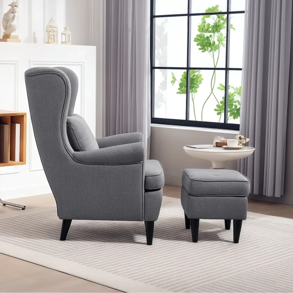 Oorfauteuil met voetenbank, fauteuil met linnenlook, lendenkussen, moderne loungestoel met armleuningen voor woonkamer grijs 10