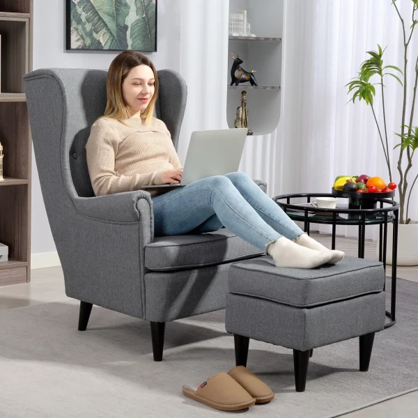 Oorfauteuil met voetenbank, fauteuil met linnenlook, lendenkussen, moderne loungestoel met armleuningen voor woonkamer grijs 2