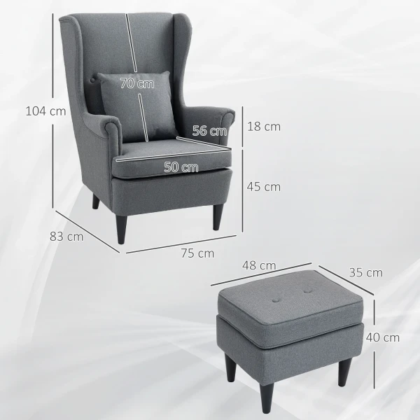 Oorfauteuil met voetenbank, fauteuil met linnenlook, lendenkussen, moderne loungestoel met armleuningen voor woonkamer grijs 4