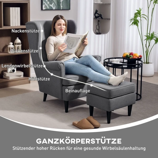 Oorfauteuil met voetenbank, fauteuil met linnenlook, lendenkussen, moderne loungestoel met armleuningen voor woonkamer grijs 5