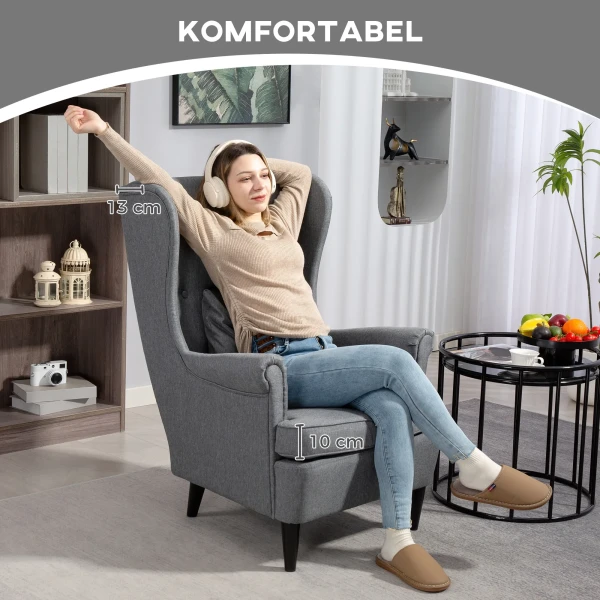 Oorfauteuil met voetenbank, fauteuil met linnenlook, lendenkussen, moderne loungestoel met armleuningen voor woonkamer grijs 6