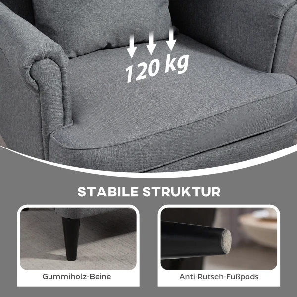 Oorfauteuil met voetenbank, fauteuil met linnenlook, lendenkussen, moderne loungestoel met armleuningen voor woonkamer grijs 7