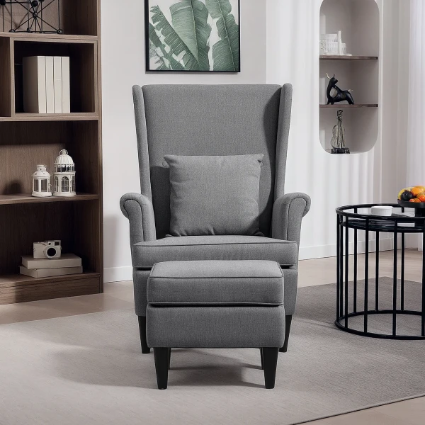 Oorfauteuil met voetenbank, fauteuil met linnenlook, lendenkussen, moderne loungestoel met armleuningen voor woonkamer grijs 9