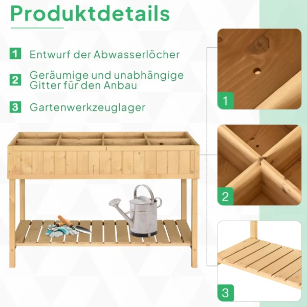 Planttafel hoogbed planttafel bloembak kweektafel 8 vakken met afvoer plank spar massief hout natuurhout 110 x 46 x 76 cm 7