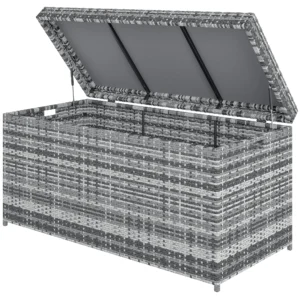 Rattan kussenbox 380l weerbestendig met deksel ingebouwde handvat opslagruimte uv bestendig tuinbox opbergdoos bijzettafel tuinkist voor tuin balkon 130x61x65 cm donkergrijs 1