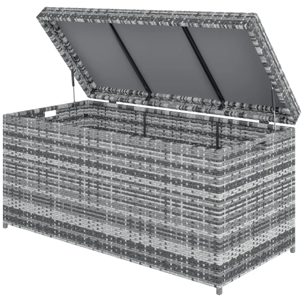 Rattan kussenbox 380l weerbestendig met deksel ingebouwde handvat opslagruimte uv bestendig tuinbox opbergdoos bijzettafel tuinkist voor tuin balkon 130x61x65 cm donkergrijs 1