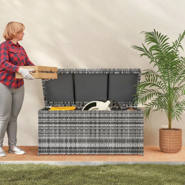 Rattan kussenbox 380l weerbestendig met deksel ingebouwde handvat opslagruimte uv bestendig tuinbox opbergdoos bijzettafel tuinkist voor tuin balkon 130x61x65 cm donkergrijs 10