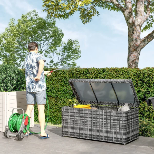 Rattan kussenbox 380l weerbestendig met deksel ingebouwde handvat opslagruimte uv bestendig tuinbox opbergdoos bijzettafel tuinkist voor tuin balkon 130x61x65 cm donkergrijs 2