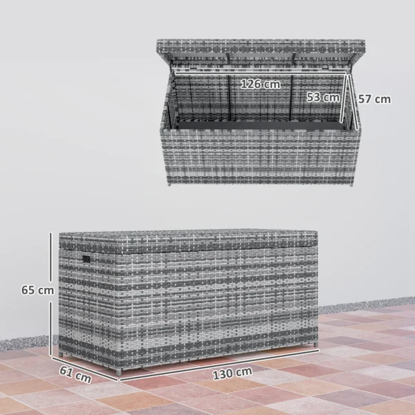 Rattan kussenbox 380l weerbestendig met deksel ingebouwde handvat opslagruimte uv bestendig tuinbox opbergdoos bijzettafel tuinkist voor tuin balkon 130x61x65 cm donkergrijs 4