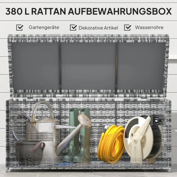 Rattan kussenbox 380l weerbestendig met deksel ingebouwde handvat opslagruimte uv bestendig tuinbox opbergdoos bijzettafel tuinkist voor tuin balkon 130x61x65 cm donkergrijs 5