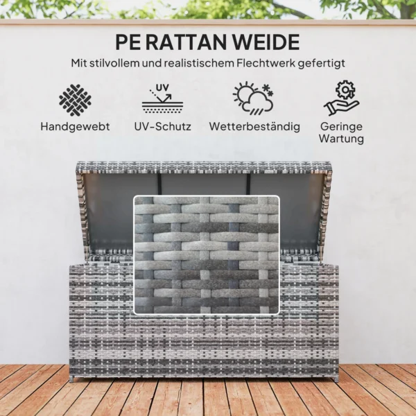 Rattan kussenbox 380l weerbestendig met deksel ingebouwde handvat opslagruimte uv bestendig tuinbox opbergdoos bijzettafel tuinkist voor tuin balkon 130x61x65 cm donkergrijs 7