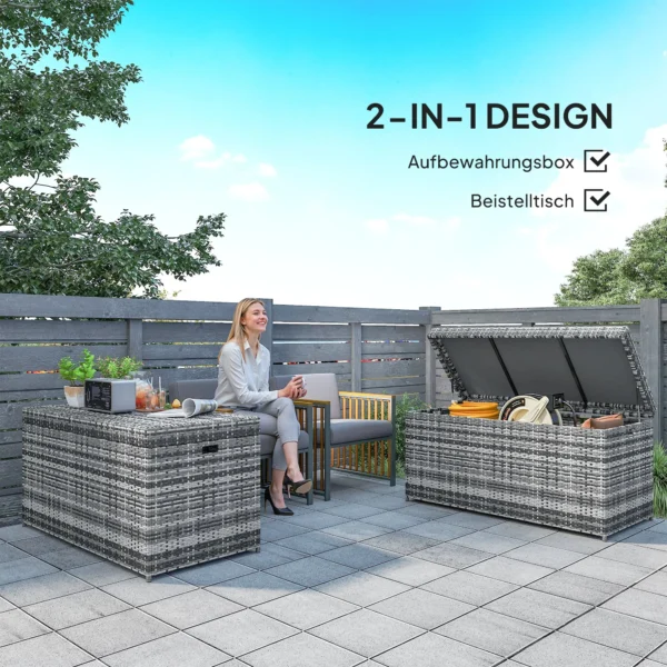 Rattan kussenbox 380l weerbestendig met deksel ingebouwde handvat opslagruimte uv bestendig tuinbox opbergdoos bijzettafel tuinkist voor tuin balkon 130x61x65 cm donkergrijs 8