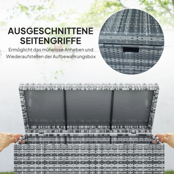 Rattan kussenbox 380l weerbestendig met deksel ingebouwde handvat opslagruimte uv bestendig tuinbox opbergdoos bijzettafel tuinkist voor tuin balkon 130x61x65 cm donkergrijs 9