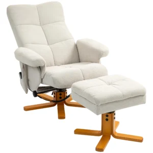 Relaxstoel massagestoel met kruk en opbergruimte tv stoel met ligfunctie 360° draaibaar met zijvak kunstleer 80 x 86 x 99cm crèmewit 1