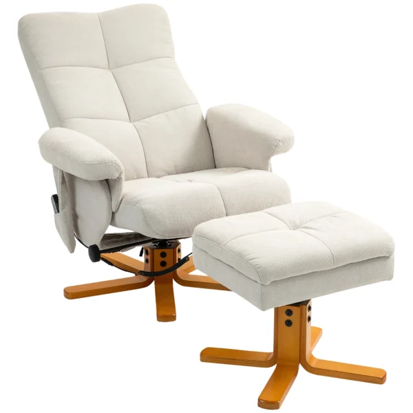Relaxstoel massagestoel met kruk en opbergruimte tv stoel met ligfunctie 360° draaibaar met zijvak kunstleer 80 x 86 x 99cm crèmewit 1