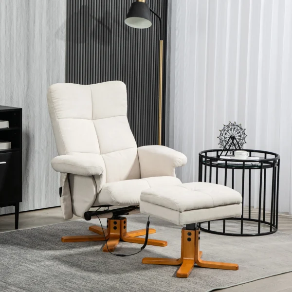 Relaxstoel massagestoel met kruk en opbergruimte tv stoel met ligfunctie 360° draaibaar met zijvak kunstleer 80 x 86 x 99cm crèmewit 2