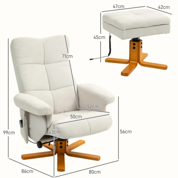 Relaxstoel massagestoel met kruk en opbergruimte tv stoel met ligfunctie 360° draaibaar met zijvak kunstleer 80 x 86 x 99cm crèmewit 4