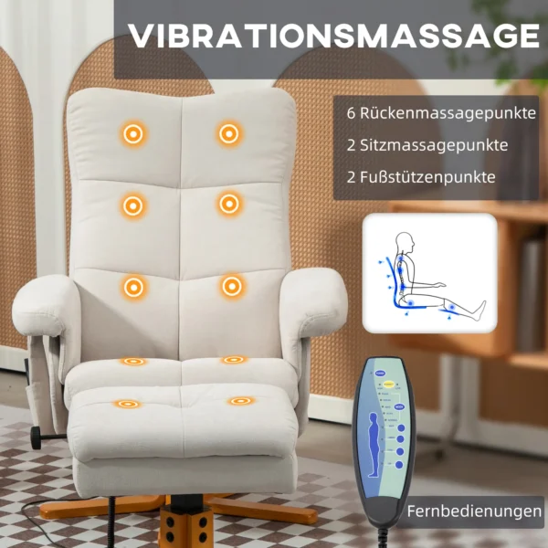 Relaxstoel massagestoel met kruk en opbergruimte tv stoel met ligfunctie 360° draaibaar met zijvak kunstleer 80 x 86 x 99cm crèmewit 5