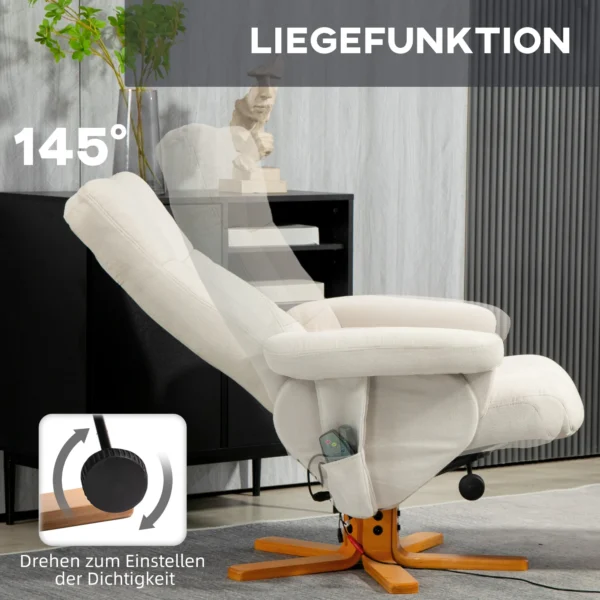 Relaxstoel massagestoel met kruk en opbergruimte tv stoel met ligfunctie 360° draaibaar met zijvak kunstleer 80 x 86 x 99cm crèmewit 6