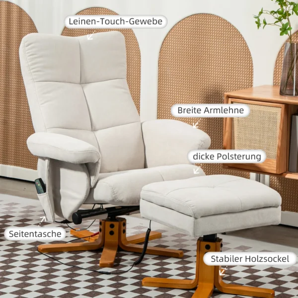 Relaxstoel massagestoel met kruk en opbergruimte tv stoel met ligfunctie 360° draaibaar met zijvak kunstleer 80 x 86 x 99cm crèmewit 8