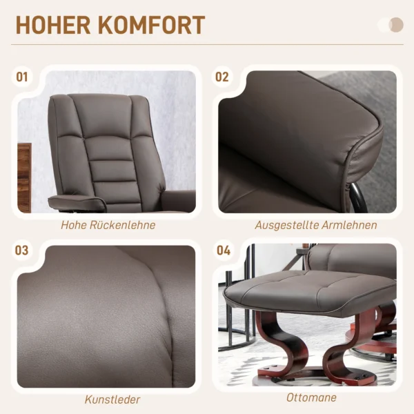 Relaxstoel met voetenbank, draaibare tv stoel met ligfunctie, tv stoel met houten frame, tot 150 kg belastbaar, voor woonkamer, kunstleer, bruin 7