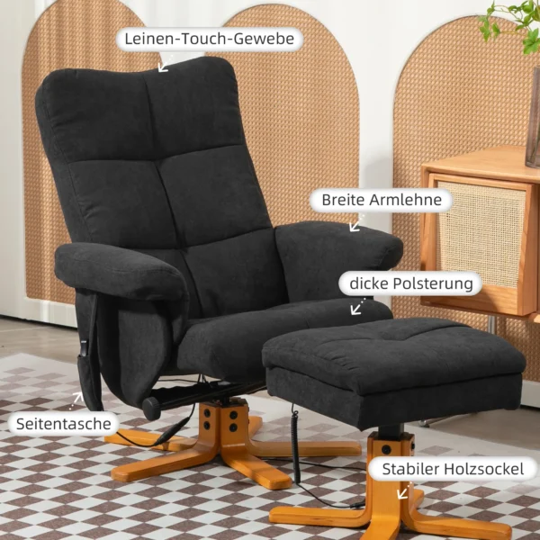 Relaxstoel met voetenbank, opbergruimte, elektrische massagestoel met ligfunctie, draaibare televisiestoel met zijvak, afstandsbediening, houten frame, polyester, zwart 8