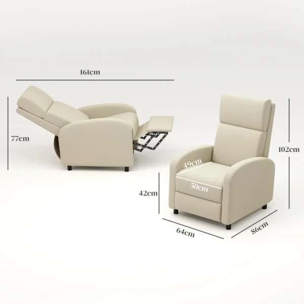 Relaxstoel tv stoel met ligfunctie gestoffeerd, tv stoel ligstoel met linnenlook, voetensteun, tot 120 kg belastbaar, voor woonkamer, crèmewit 4