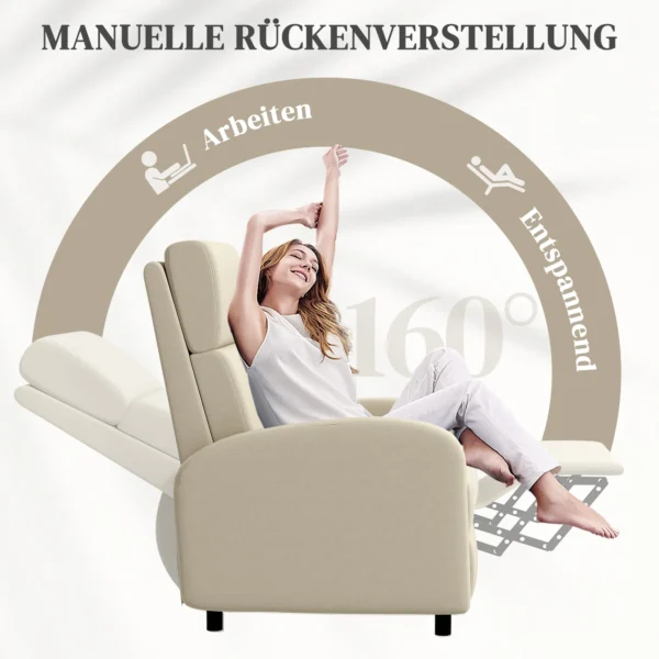 Relaxstoel tv stoel met ligfunctie gestoffeerd, tv stoel ligstoel met linnenlook, voetensteun, tot 120 kg belastbaar, voor woonkamer, crèmewit 5