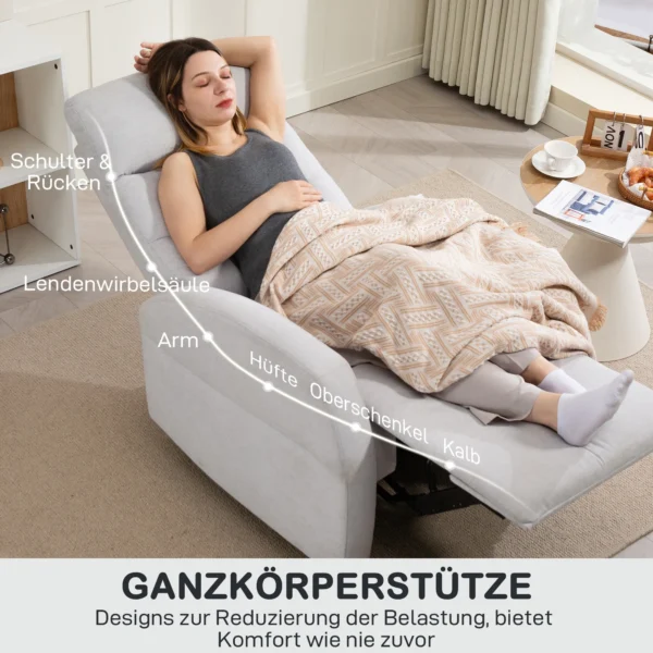 Relaxstoel, tv stoel met ligfunctie, gevoerde tv stoel met voetensteun, linnenlook ruststoel voor woonkamer, slaapkamer tot 150 kg, lichtgrijs 7