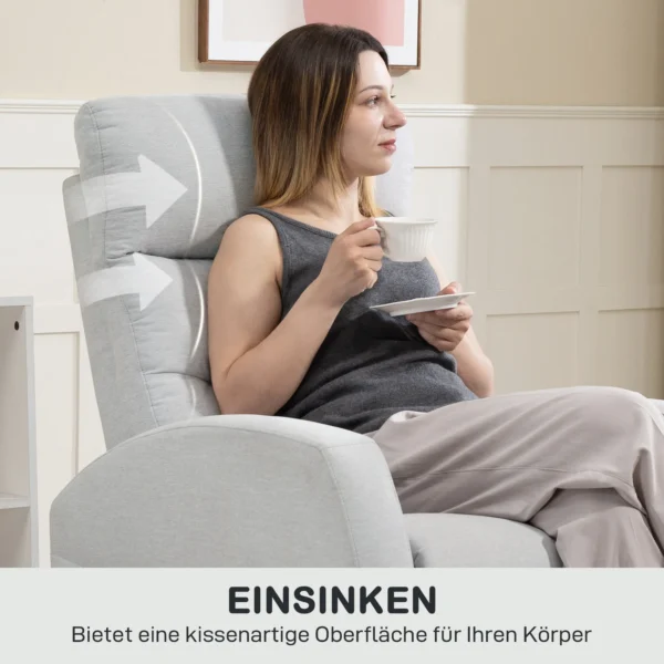 Relaxstoel, tv stoel met ligfunctie, gevoerde tv stoel met voetensteun, linnenlook ruststoel voor woonkamer, slaapkamer tot 150 kg, lichtgrijs 9