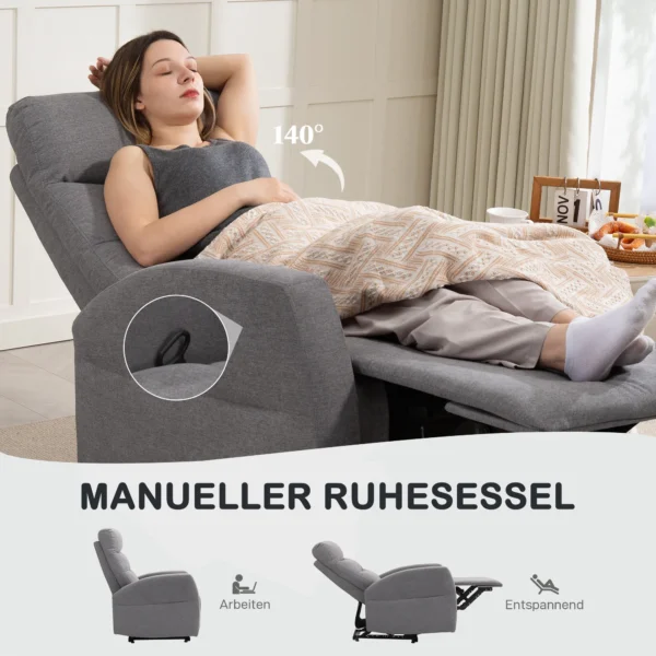 Relaxstoel, tv stoel met ligfunctie, gevoerde tv stoel met voetsteun, linnenlook ruststoel voor woonkamer, slaapkamer tot 150 kg, donkergrijs 5