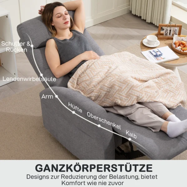 Relaxstoel, tv stoel met ligfunctie, gevoerde tv stoel met voetsteun, linnenlook ruststoel voor woonkamer, slaapkamer tot 150 kg, donkergrijs 7