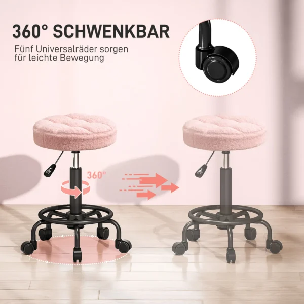 Rolkruk in hoogte verstelbaar draaikruk 50 66 cm werkkruk 360° draaibaar bureaustoel kruk voor kantoor, salon, massage, spa roze 7