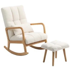 Schommelstoel met kruk schommelstoel met fleece hoes, armleuningen, hoge rugleuning, houten glijders, gevoerde schommelstoel relaxstoel voedingsstoel voor woonkamer, slaapkamer wit 1