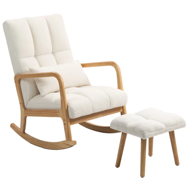 Schommelstoel met kruk schommelstoel met fleece hoes, armleuningen, hoge rugleuning, houten glijders, gevoerde schommelstoel relaxstoel voedingsstoel voor woonkamer, slaapkamer wit 1