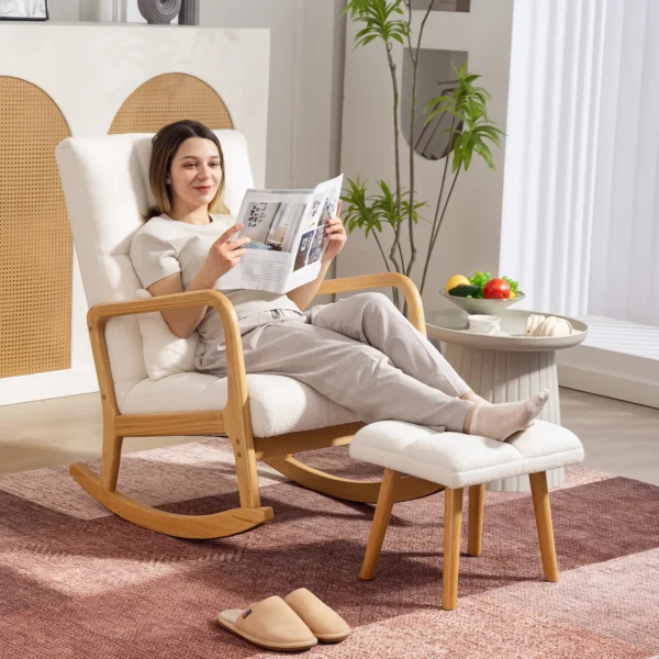 Schommelstoel met kruk schommelstoel met fleece hoes, armleuningen, hoge rugleuning, houten glijders, gevoerde schommelstoel relaxstoel voedingsstoel voor woonkamer, slaapkamer wit 2