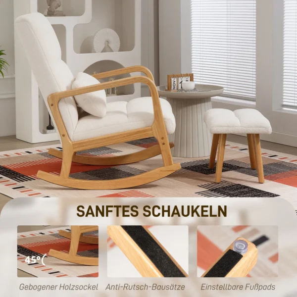 Schommelstoel met kruk schommelstoel met fleece hoes, armleuningen, hoge rugleuning, houten glijders, gevoerde schommelstoel relaxstoel voedingsstoel voor woonkamer, slaapkamer wit 5