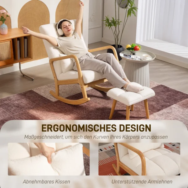 Schommelstoel met kruk schommelstoel met fleece hoes, armleuningen, hoge rugleuning, houten glijders, gevoerde schommelstoel relaxstoel voedingsstoel voor woonkamer, slaapkamer wit 7