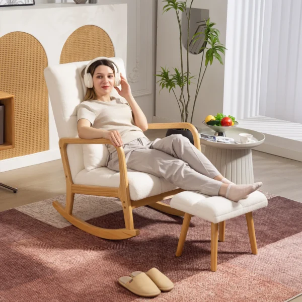 Schommelstoel met kruk schommelstoel met fleece hoes, armleuningen, hoge rugleuning, houten glijders, gevoerde schommelstoel relaxstoel voedingsstoel voor woonkamer, slaapkamer wit 8