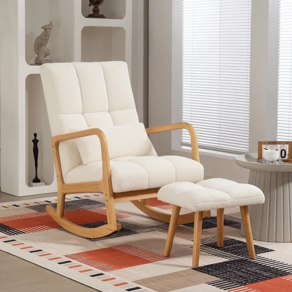 Schommelstoel met kruk schommelstoel met fleece hoes, armleuningen, hoge rugleuning, houten glijders, gevoerde schommelstoel relaxstoel voedingsstoel voor woonkamer, slaapkamer wit 9