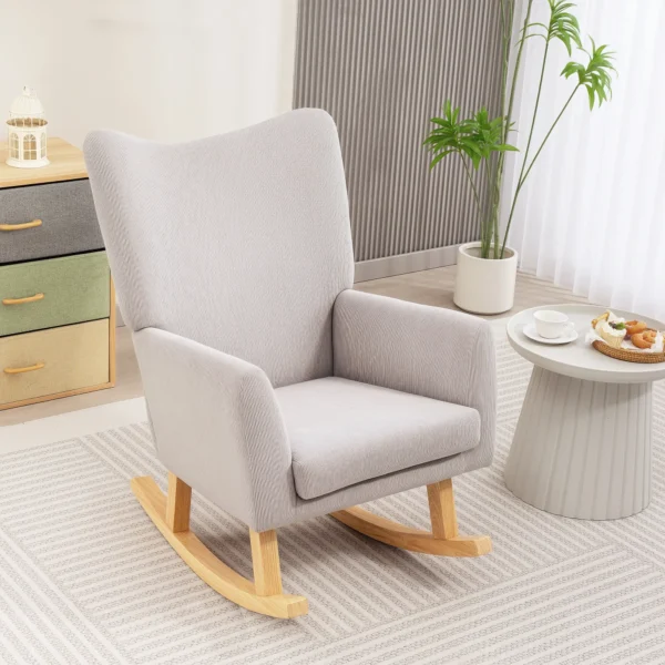Schommelstoel schommelstoel met hoge rugleuning, koordlook, schommelstoel relaxstoel met brede armleuning, houten sleden, stille stoel voor woonkamer, slaapkamer, balkon lichtgrijs 2