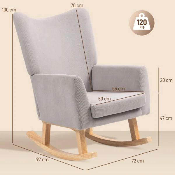 Schommelstoel schommelstoel met hoge rugleuning, koordlook, schommelstoel relaxstoel met brede armleuning, houten sleden, stille stoel voor woonkamer, slaapkamer, balkon lichtgrijs 4