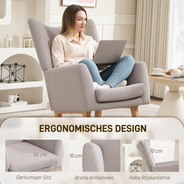 Schommelstoel schommelstoel met hoge rugleuning, koordlook, schommelstoel relaxstoel met brede armleuning, houten sleden, stille stoel voor woonkamer, slaapkamer, balkon lichtgrijs 5