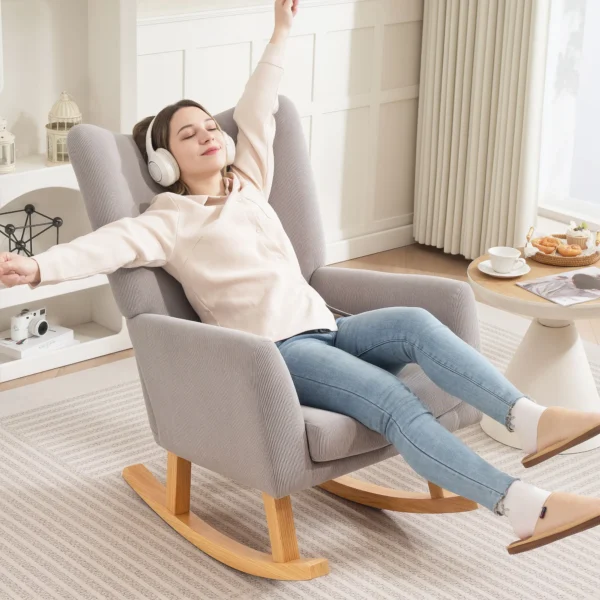 Schommelstoel schommelstoel met hoge rugleuning, koordlook, schommelstoel relaxstoel met brede armleuning, houten sleden, stille stoel voor woonkamer, slaapkamer, balkon lichtgrijs 8
