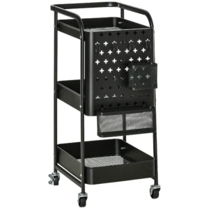 Serveerwagen met 3 niveaus keukenwagen met wielen handvat rolwagen met haken en mand, keukenrek, multifunctionele wagen voor keuken kantoor badkamer, zwart 1